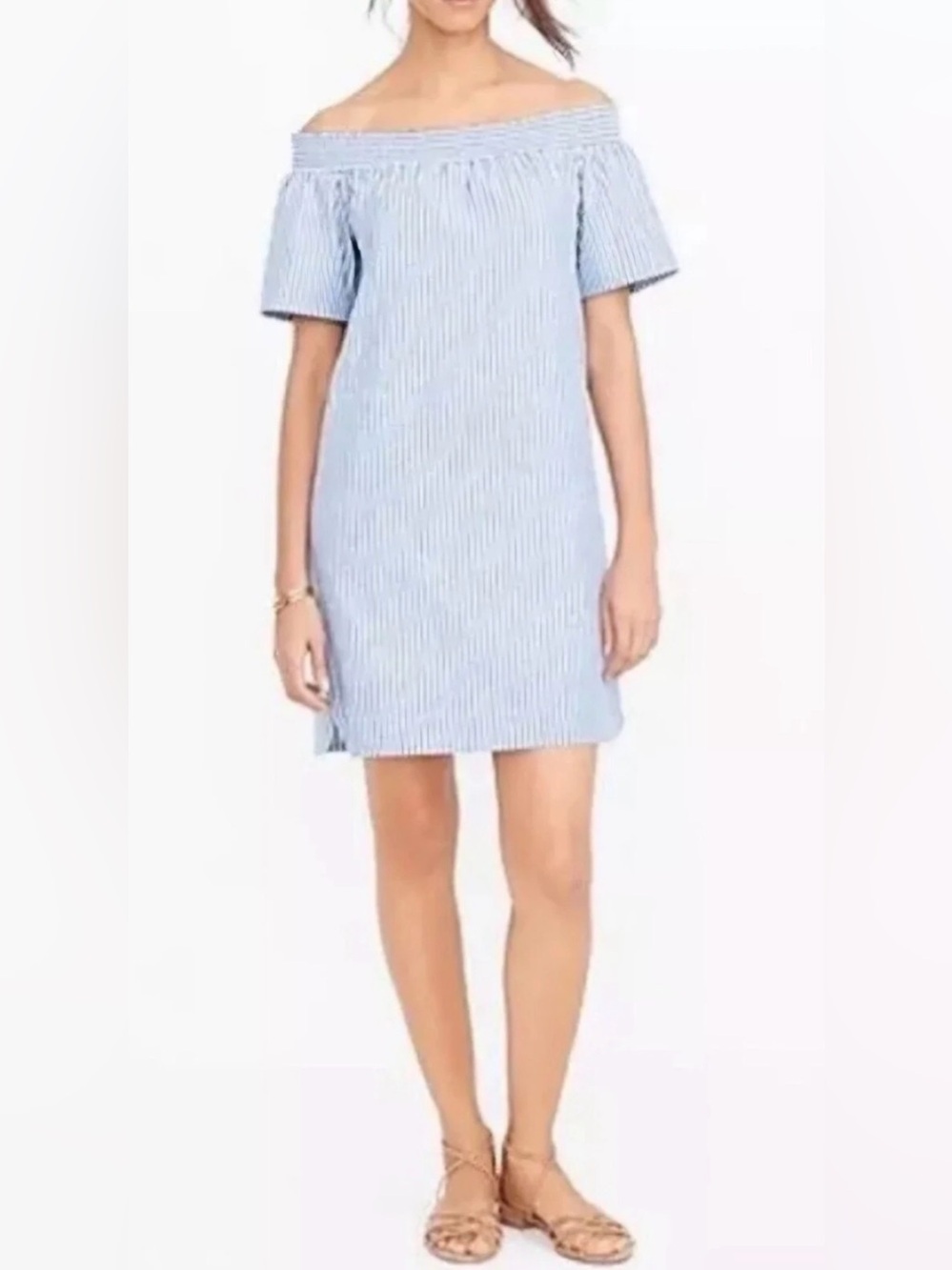 J Crew Size 12 Chambray Blue/White Stripe Mini Dress Linen Cotton Off Shoulder